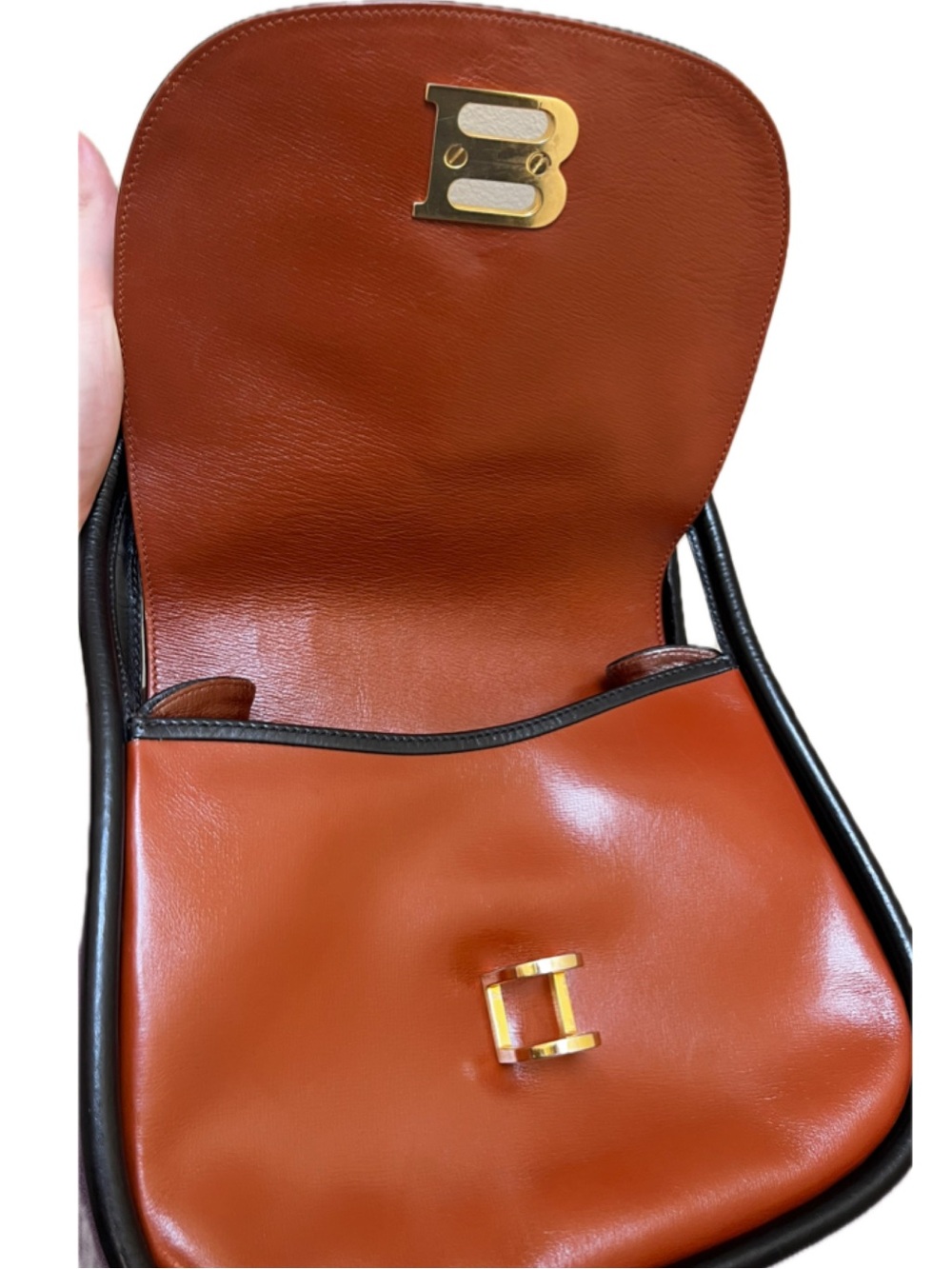 Bally Vintage 1980s Brown & Black Leather Top Handle Bag B Logo Clasp - Picture 5 of 16